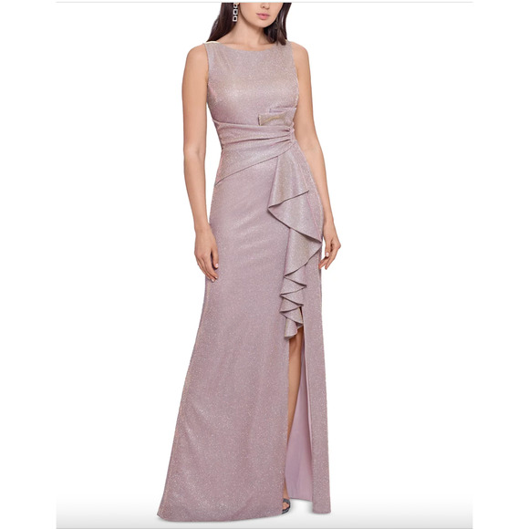 NWT Betsy & Adam Rose‎ Gold Gown Size 14 Formal Ruffle Slit Dress A24986 - Picture 1 of 12